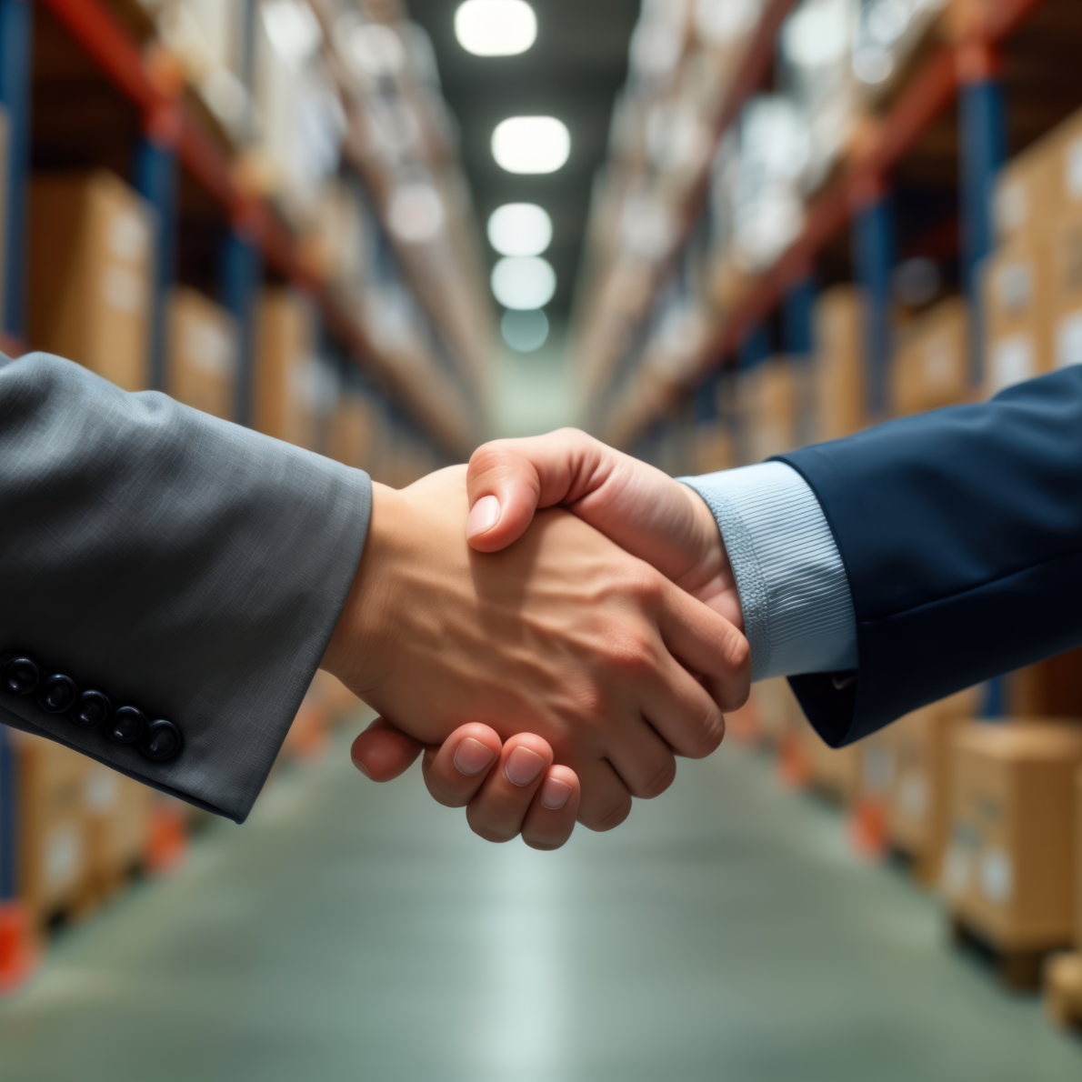 Two business professionals shaking hands in a warehouse, symbolizing partnership and collaboration in the logistics and freight forwarding industry.